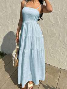 Vestido con escote de tubo plisado de tela texturizada color melocotón claro, con tirantes finos, cintura suelta, estilo relajado para vacaciones - Celeste - Ver 4