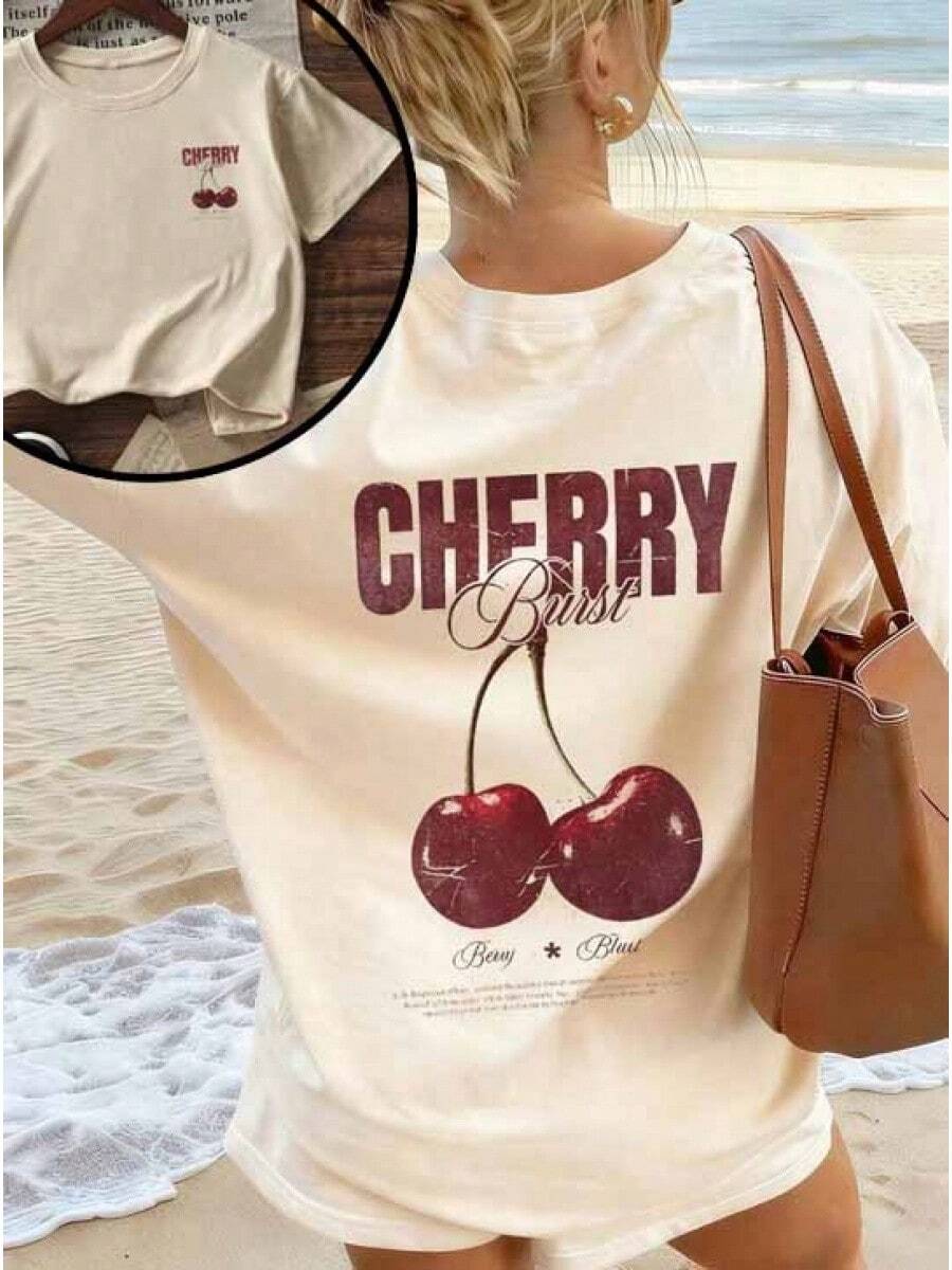 Conjuntos de mujer: Camiseta casual de manga corta, cuello redondo, corte holgado, color beige, con estampado de explosión de cerezas, ideal para vacaciones en la playa, playeras de mujer de verano. - Albaricoque - Ver 1