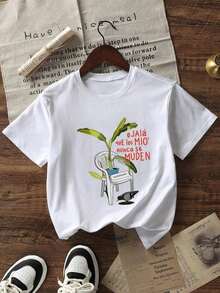 Camiseta de manga corta con cuello redondo, corte holgado, estampado sencillo con eslogan, para mujer, ideal para el verano, vacaciones y uso diario. Camiseta de mujer. Camisa Casual Minimalista Blanca, Camisetas Gráficas, Camisas para Mujer, Playeras de Mujer - Blanco - Ver 6
