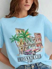 Women Havana Social Club T-Shirt Loose Short Sleeve Vintage Boho Graphic Tees Cute Aesthetic Vacation T Shirt Retro Summer Tops,Women's Graphic Round - 嬰兒藍2 - 查看 1