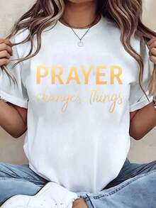 Soft, Breathable, And Lightweight For All-Day Comfort. Women's T-Shirt With "Prayer Changes Things" Print, Crew Neck, Casual Wear, Gift, 220g. Classic Crew Neck With A Relaxed Fit That Flatters All Body Shapes And Is Easy To Pair With Jeans, Shorts, And Leggings. - 白色 - 查看 11
