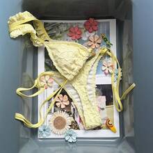 New Women's Special Fabric Bikini, Three-Piece, Sexy, Backless, Fitted, With V-Neck And Straps. - 黃色 - 查看 4