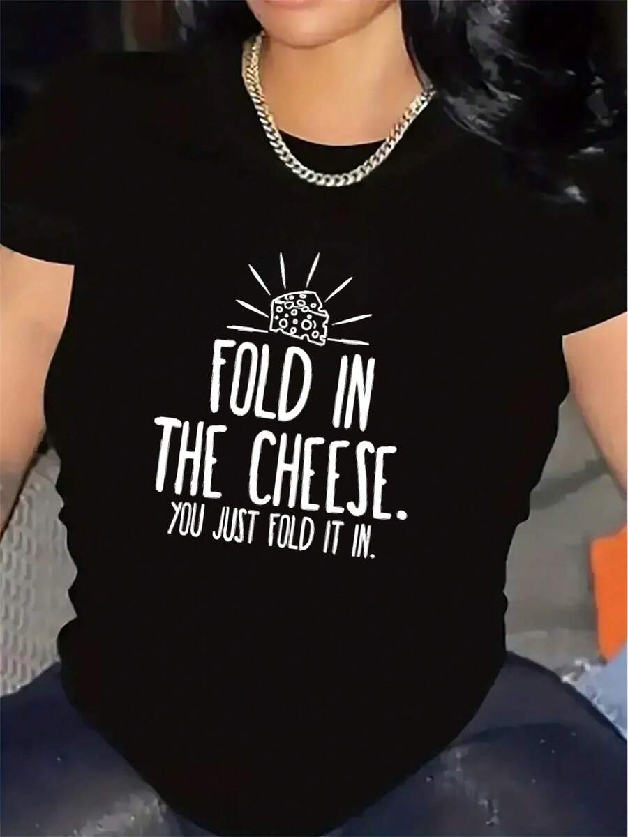 New Fashionable Women's Crew Neck Short Sleeve T-Shirt For Kitchen And Restaurant | Made From Durable Fibers, Lightweight And Comfortable, With A Fun Folded Cheese Pattern Design, Making It Perfect For Casual Wear At Home Or In Restaurants. It Has A Crew Neck And A Universally Flattering Basic Fabric. A Versatile Design For Summer. - 黑色 - 查看 1
