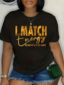 Camiseta Estampada I Match Energy de Talla Grande, Top Casual de Manga Corta para Primavera/Verano, Ropa de Talla Grande para Mujer 100% Algodón - Negro - Ver 5