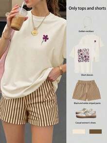 Conjunto de camiseta de manga corta holgada con estampado floral y pantalones cortos a rayas para mujer, adecuado para vacaciones en la playa, traje de mujer, conjunto de verano para mujer, atuendo de vacaciones, ropa de viaje, estilo de playa, ropa de vacaciones minimalista elegante en color rosa - Albaricoque 2 - Ver 5