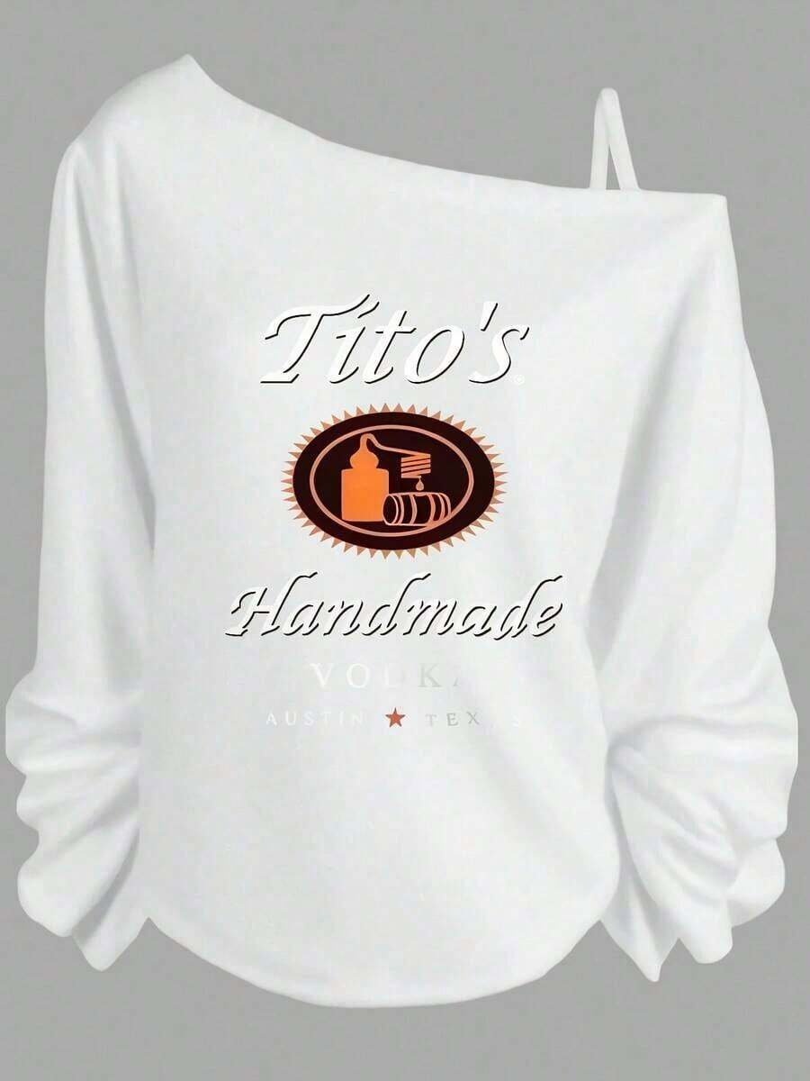 [Popular European And American Fashion Long-Sleeve Sweatshirt Items]Women's Single-Shoulder Sweatshirt Long Sleeve -Tito's Handmade Vodka Austin ★ Texas Off - The - Shoulder Sweatshirt, Black With White & Orange Text Logo, Stylish Casual Pullover For Outfits - Hoodies For Women,Valentine Outfits For Women,Vacation Outfits Women,Valentine's DayWomen's Summer Sun Protection, Valentine's Day, Dating, Shopping, Independence Day, Mother's Day - trắng - Xem 1