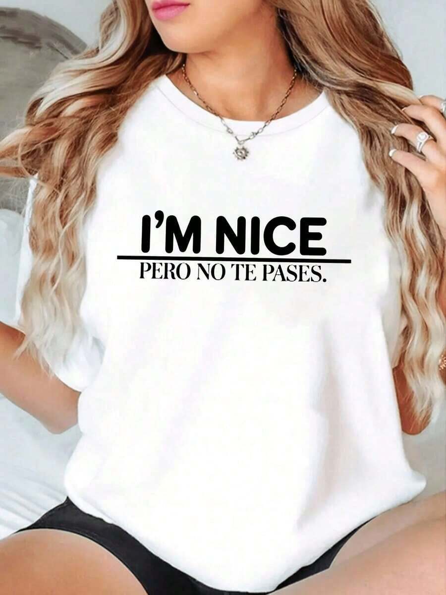 Sudadera Casual de Cuello Redondo para Mujer con Estampado "I'm Nice-1Pure-Cotton" - Blanco - Ver 1