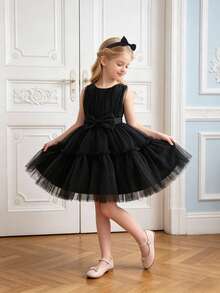 1 pieza Vestido de falda de tul con decoración de lazo de unicolor y diadema para niña, lindo y elegante - Negro - Ver 2