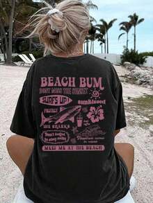 Women's Round Neck Short Sleeve T-Shirt, Casual Shark Wave Flower Print, Fashionable And Versatile Spring/Summer White Holiday T-Shirt, Summer T-Shirt - Black - View 5