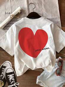 Women's Spring/Summer Short-Sleeve Top Set With Double-Sided Print,  Casual T-Shirts, Hand-Painted Red Heart Print With The Text "Pour Amour", Round Neck Short-Sleeve T-Shirts, Pure Cotton. 100% Cotton - 白色的 - 查看 3