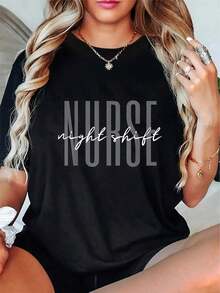 Funny 'Night Shift Nurse' Graphic Tee - Soft, Short Sleeve, Crew Neck - Perfect For Overnight Work & Casual Wearplayeras de mujer - Negro - Ver 6