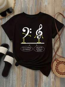 Camiseta de mujer casual con cuello redondo, opciones en negro y blanco, estampado de nota musical y texto, camiseta gráfica divertida para uso diario, camisetas de verano, tops gráficos, conjuntos de verano, camisetas gráficas de mujer, tops cortos de mujer, camisetas vintage de algodón, ropa linda para mujer, playeras de mujer. - Negro - Ver 3