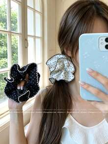 1pc Polka Dot Ruffle Scrunchie, Contrast Trim Chiffon Elastic Hair Tie, Vintage Women's Ponytail Hair Band, Minimalist Sexy Girl Style + Pastoral Fresh Style, Suitable For Daily, Commuting Office, Vacation Travel - Multicolor - View 3