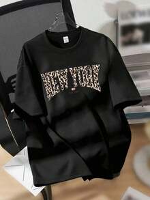 Casual Crew Neck T-Shirt. 100% Cotton. 1pacAttitoon Vintage New York Leopard Graphic Print, Crew Neck, Loose Fit, Short Sleeves, For Women, Ideal For Back To School. Suitable For Summer. - 黑色 - 查看 6