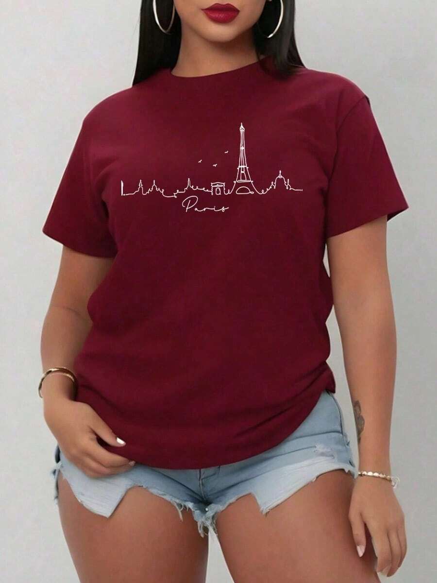 Camiseta de mujer de cuello redondo y manga corta con el estampado <<PARIS» y la Torre Eiffel, una prenda informal, cómoda y holgada para llevar en casa a diario. - Burdeos - Ver 1