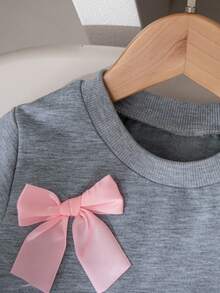 2pcs Girls Casual Outfit, Solid Color Bow Decor Long Sleeve Top And Pants Set, Regular Fit, Spring/Autumn - Light Grey - View 3