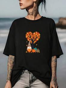 Camiseta Ligera de 180G para tu Familia, Diseño de Gnomos y Hojas de Otoño, Perfecta para Regalos de Acción de Gracias y Eventos de Team Building, Ropa Casual Unisex de Verano - Negro - Ver 6