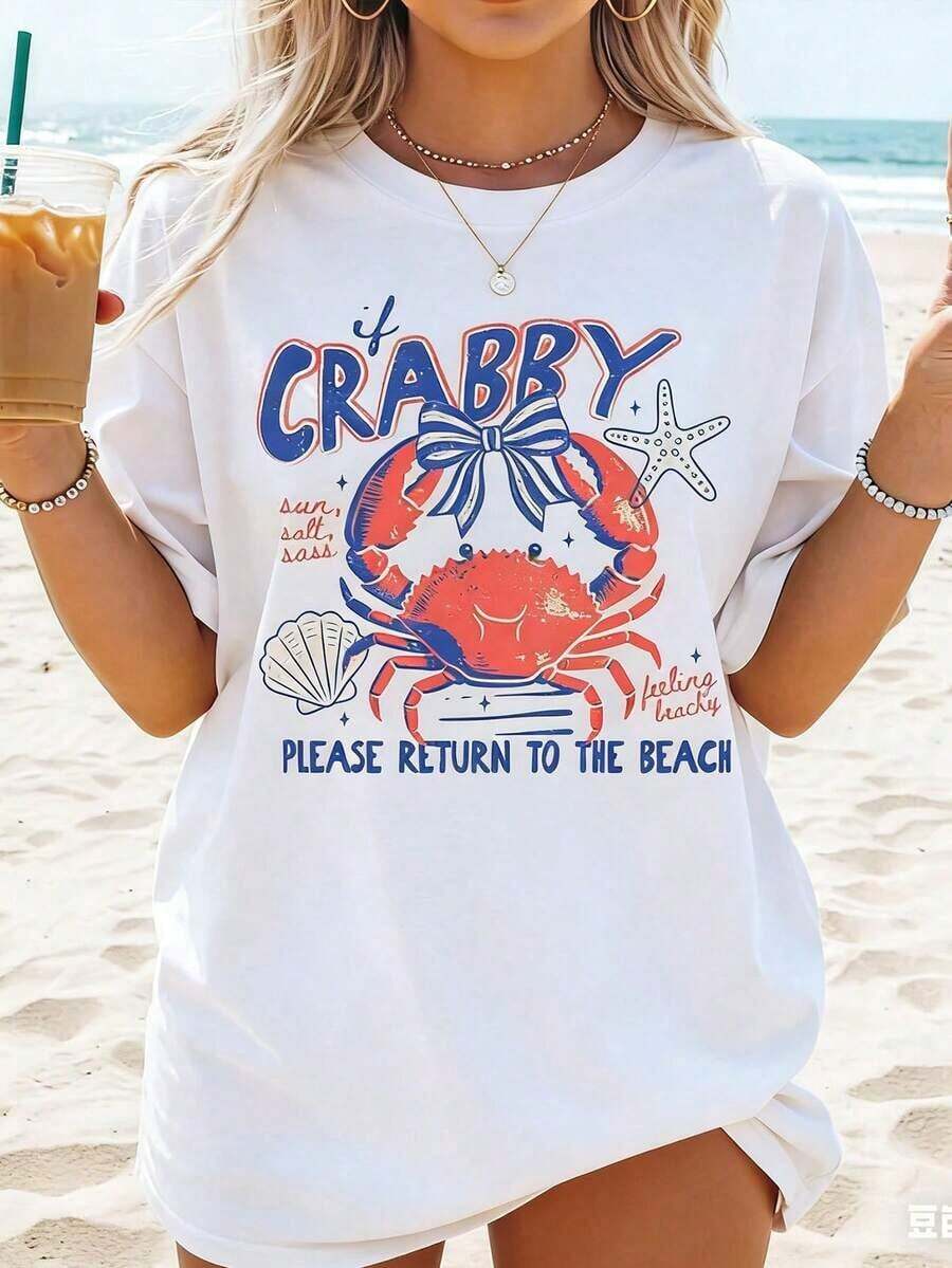 Camiseta "Si Crabby Por Favor Regrese a la Playa", Divertida Camiseta para Amantes de los Cangrejos, Camiseta para Vacaciones Costeras, Ropa de Verano con Temática Marina, Salty, Camisetas Gráficas Unisex, Camiseta Divertida - Blanco - Ver 1