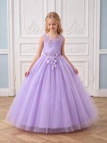 Vestido de anfitriona sin mangas con bordado de malla para niñas preadolescentes, adecuado para asistir a fiestas, diadema no incluida - Morado - Ver 1