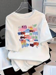 Edición Limitada: Camiseta de Manga Corta Oversize Estilo Y2K para Mujer - Top Largo con Estampado de Dibujos Animados, Ligera (200 g/²), Cuello Redondo, Casual de Verano para Primavera y Otoño, Algodón Ligero - Azul - Ver 6