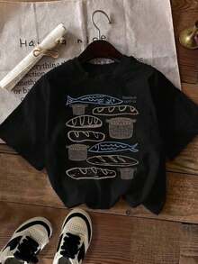 Women's Vintage Short-Sleeved Summer T-Shirt With A Bible Verse Depicting Five Loaves And Two Fish, Inspired By Matthew 14:16-21, Representing The Miracle And Essence Of Faith. Suitable For Holidays And Vacations, Unisex Style - 黑色 - 查看 11
