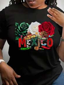 Camiseta Gráfica de Cultura Mexicana para Mujer - Estampado Vibrante de Rosas y Chiles con Letras Grandes de MEXICO, Top Casual de Cuello Redondo en Rosa Suave para Verano y Primavera, Lavable a Máquina - Negro - Ver 1