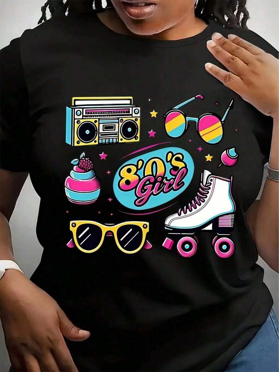 Camiseta Gráfica Retro de Patines y Boombox para Mujer - Suave, Transpirable, Corte Holgado, Manga Corta, Cuello Redondo - Estampado Vibrante de Dibujos Animados, Casual para Primavera y Verano - Negro - Ver 1