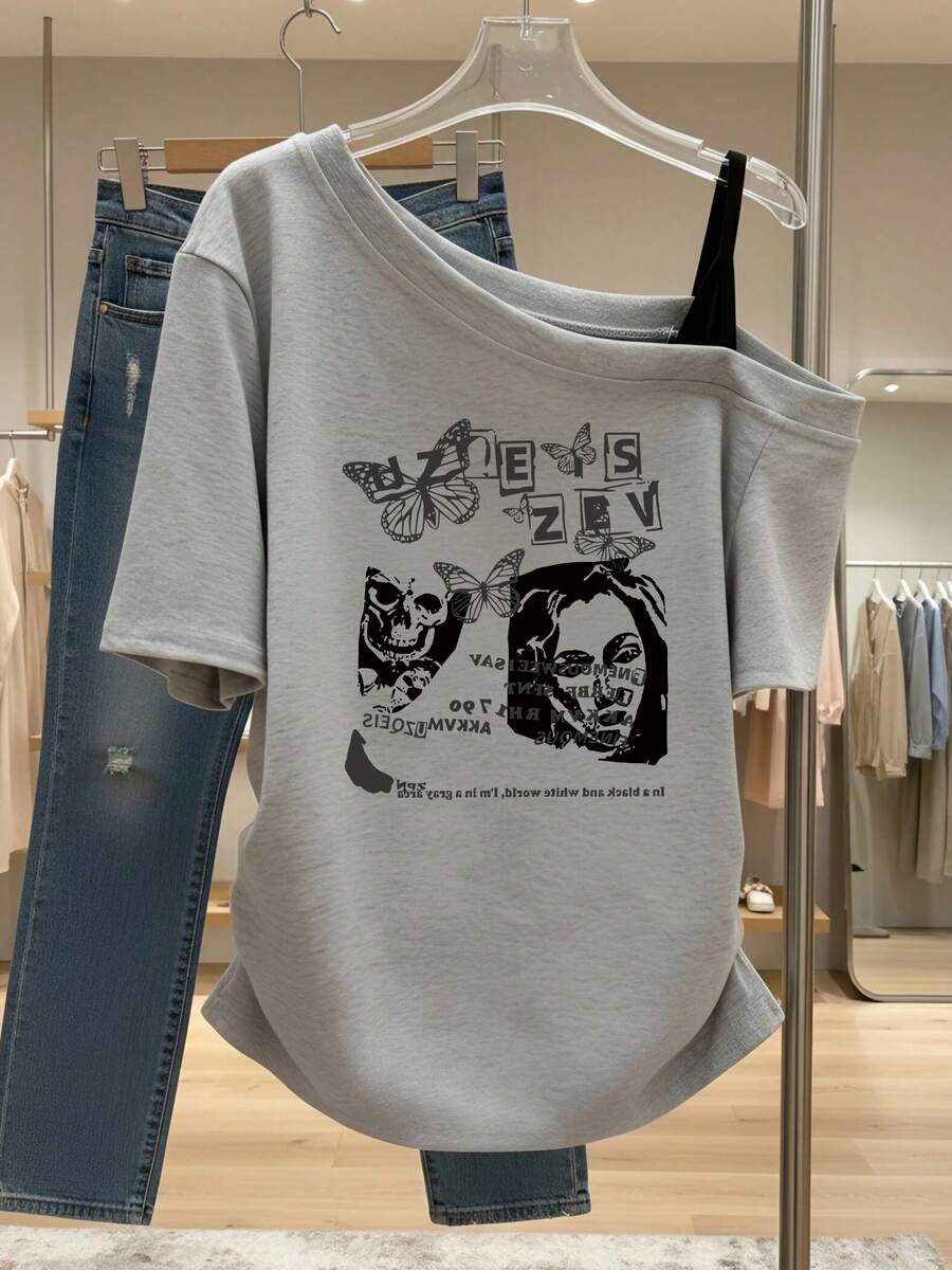Women's Gray Asymmetric Neck Asymmetric Neck Short Sleeve T-Shirt, Butterfly Portrait Print, Slim Fit, Flattering, Hot Girl Style, Summer Casual - Light Grey - View 1