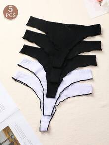 5件裝性感女款低腰蝴蝶結前條紋丁字褲，舒適貼身T字背彈性內褲，時尚極簡風女用日常內衣 - 彩色 - 查看 2