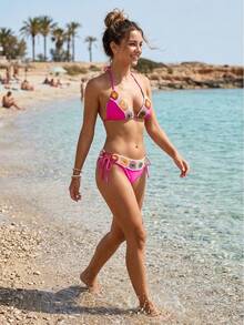 Summer Beach Boho Crochet Trim Bikini, Halter Triangle Tie Two-Piece Swimsuit,Perfect For Beach Vacations - Hồng - Xem 6