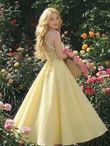 MOD Vestido casual de verano con cintura ceñida para mujer - Amarillo - Ver 7