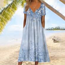 Vestido Maxi de Manga Corta con Cuello en V y Estampado Moderno para Mujer, Primavera 2026, Estilo Europeo y Americano - flor - Ver 4