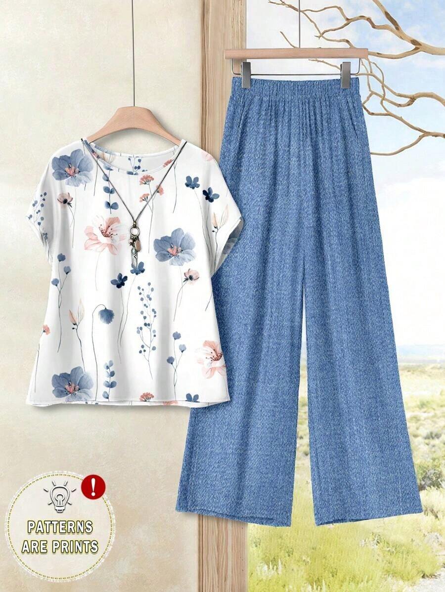2 piezas Conjunto ajustado de mujer con estampado geométrico de bloques de color, adecuado para primavera y verano, apropiado para salir, casual - Multicolor 2 - Ver 1