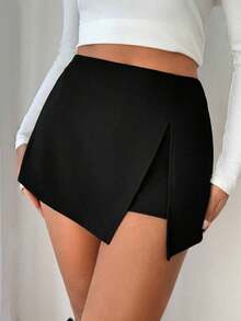 Falda corta negra con cintura elástica y abertura frontal, casual de verano - Negro - Ver 5