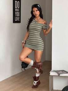 Vestido corto de manga corta asimétrico, de cuello básico, de uso diario, casual, elástico y minimalista estilo Y2K para mujer, apto para todas las estaciones - Multicolor 2 - Ver 6