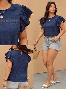 Blusa de cuello redondo con textura y volantes, de estilo casual para tallas grandes de verano - Azul marino - Ver 9