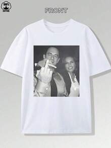 Men's Portrait Print T-Shirt, Casual Sports Top, Crew Neck, Short Sleeve, 100% Cotton - Comfortable And Breathable, Versatile For Casual Wear, Y2k Style, Suitable For All Seasons - 白色 - 查看 1