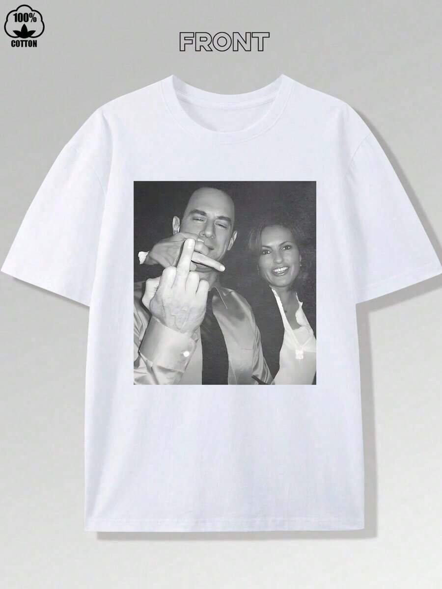 Men's Portrait Print T-Shirt, Casual Sports Top, Crew Neck, Short Sleeve, 100% Cotton - Comfortable And Breathable, Versatile For Casual Wear, Y2k Style, Suitable For All Seasons - 白色 - 查看 1