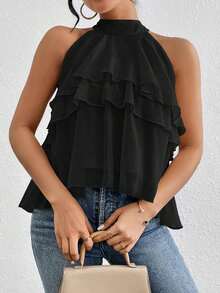 Blusa de gasa con volantes asimétricos y cuello suelto - Negro 2 - Ver 6