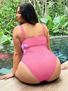 Traje de baño de una pieza con estampado floral, de talla grande, para vacaciones, de corte casual y ajustado, con control de abdomen, tirantes gruesos ajustables y escote en V profundo - Rosa - Ver 2