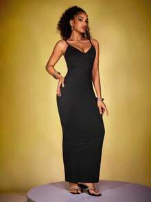 Vestido largo casual ajustado de color rosa sólido con tirantes finos para mujer - Negro 2 - Ver 4