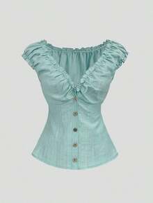 Camisa de mujer de manga corta con botones de madera, volantes y rayas verticales texturizadas en estilo retro francés, adecuada para primavera/verano, casual y citas - Verde - Ver 1