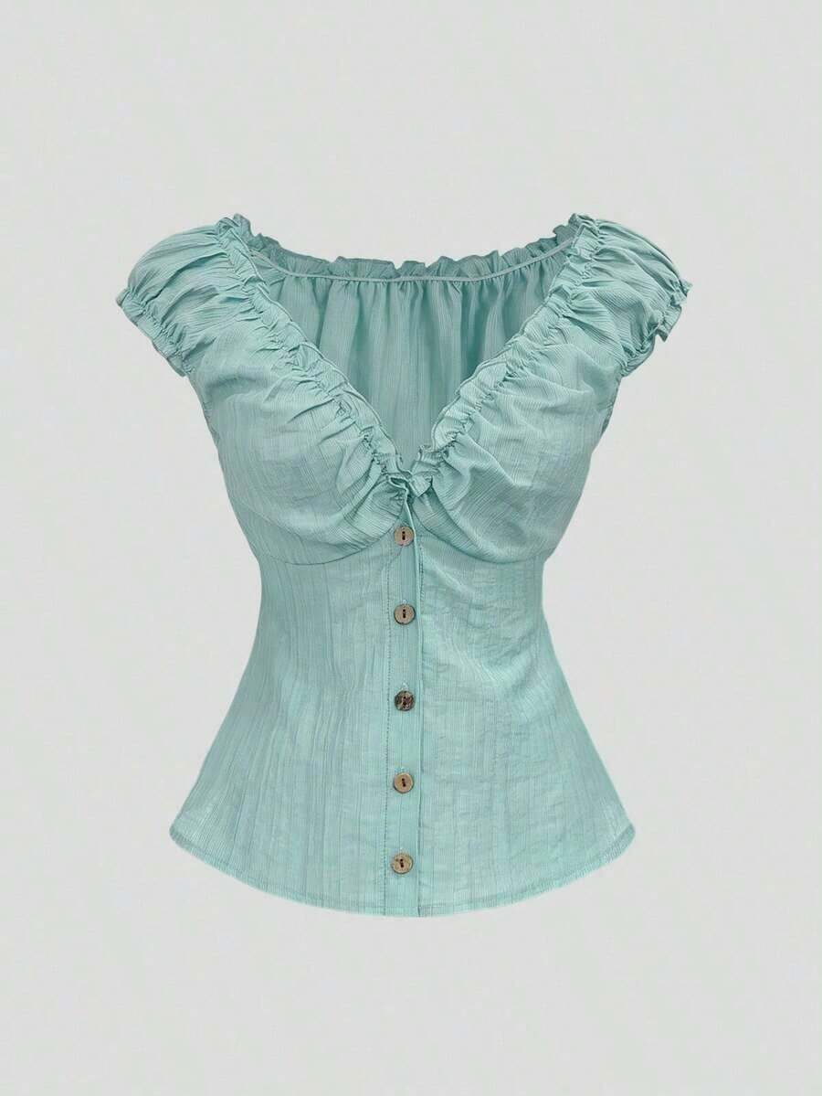 Camisa de mujer de manga corta con botones de madera, volantes y rayas verticales texturizadas en estilo retro francés, adecuada para primavera/verano, casual y citas - Verde - Ver 1
