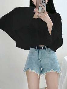 Camiseta corta de mujer de unicolor con cuello en V holgado, blusas de mujer de manga larga para primavera/verano, ropa de mujer para otoño - Negro - Ver 3