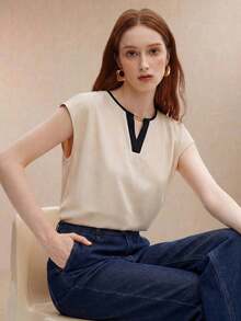 Blusa de mujer de cuello redondo y mangas cortas tipo murciélago, estilo básico urbano y de viaje, moda sencilla y elegante para uso casual en la oficina, adecuada para maestras y oficinistas, otoño - Albaricoque 2 - Ver 7