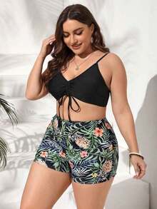 Conjunto de traje de baño estampado tropical de talla grande top de tirantes con cordón y kimono de verano para mujer moda 3 piezas - Negro - Ver 6