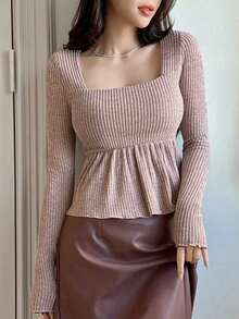 Blusa casual de mujer con cuello cuadrado, manga corta, silueta acampanada y tela texturizada, top sexy y lindo - Rosa - Ver 1