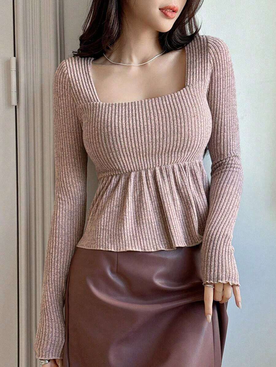 Blusa casual de mujer con cuello cuadrado, manga corta, silueta acampanada y tela texturizada, top sexy y lindo - Rosa - Ver 1