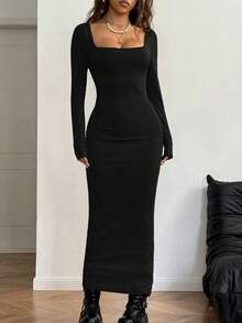 Vestido ajustado de manga larga con cuello cuadrado, de punto básico gris para mujer, para primavera/verano - Negro - Ver 3