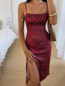 Vestido midi de leopardo con abertura lateral y tirantes - Rojo 2 - Ver 1